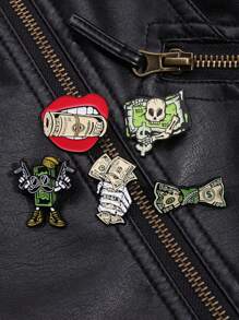 1 pieza Broche asimétrico con diseño de cabeza de esqueleto/billete de dólar único, accesorio de moda para ropa o sombrero