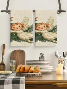 2pcs Christmas Little Angel Kitchen Decorative Towels, Bathroom Hand Towels, Dish Towels, Kitchen Table Decor, Seasonal Home Kitchen Bath Towels, Indoor Outdoor Party Supplies, Room Decorations, Suitable For Home Kitchen Decor And Christmas Decoration - Multicolor - View 6
