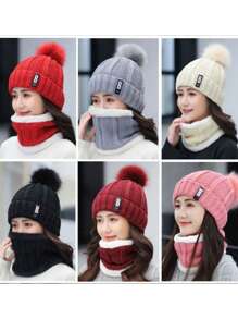 1 set Bonnet et écharpe tricotés pour femme en hiver, ensemble de bonnet épais doublé pour réchauffer les oreilles