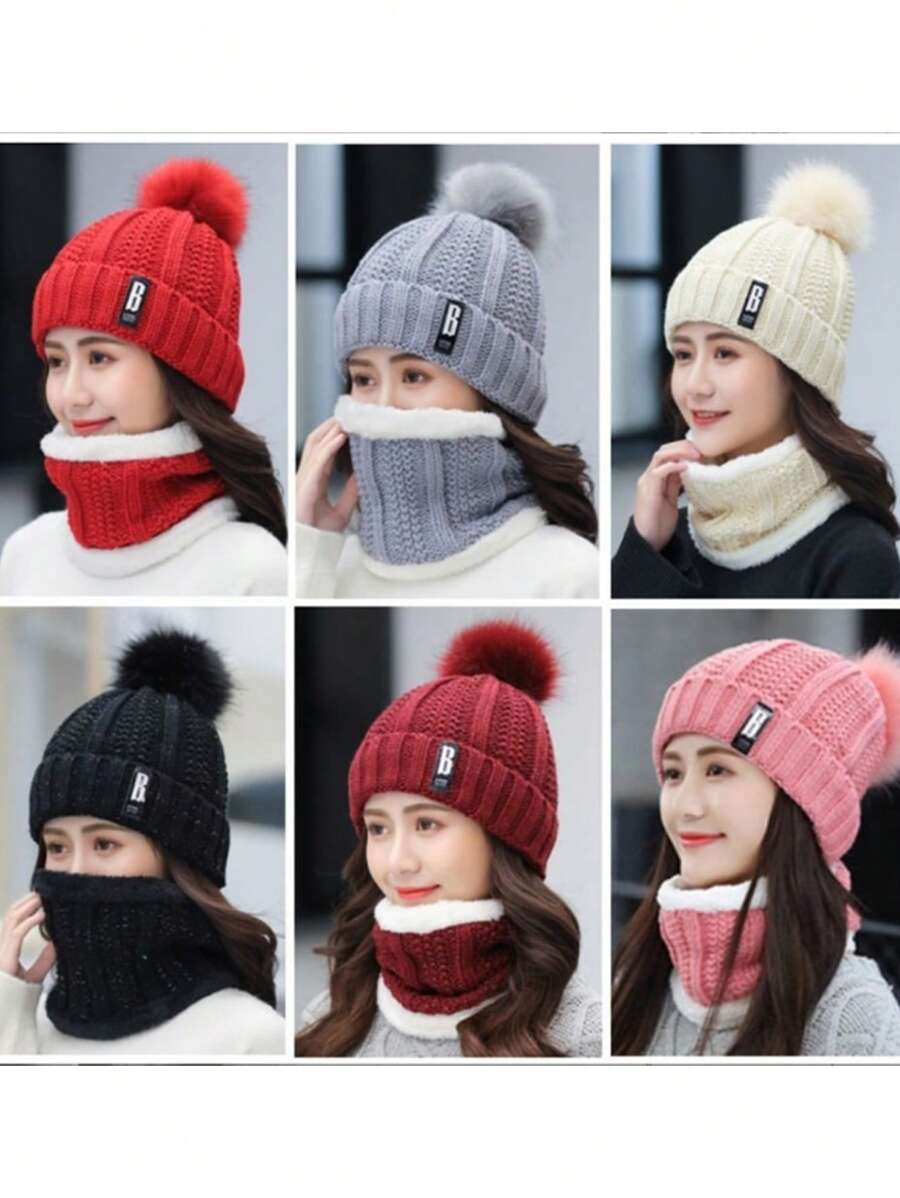 1 set Bonnet et écharpe tricotés pour femme en hiver, ensemble de bonnet épais doublé pour réchauffer les oreilles
