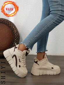 女士小白鞋 休闲鞋 运动鞋 2024冬季新款加绒保暖 户外厚底增高 时尚百搭度假风 学生户外徒步滑板鞋 平底厚底运动鞋 雪地靴 女鞋 - 卡其色 - 查看 9