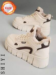 女士小白鞋 休闲鞋 运动鞋 2024冬季新款加绒保暖 户外厚底增高 时尚百搭度假风 学生户外徒步滑板鞋 平底厚底运动鞋 雪地靴 女鞋 - 卡其色 - 查看 2