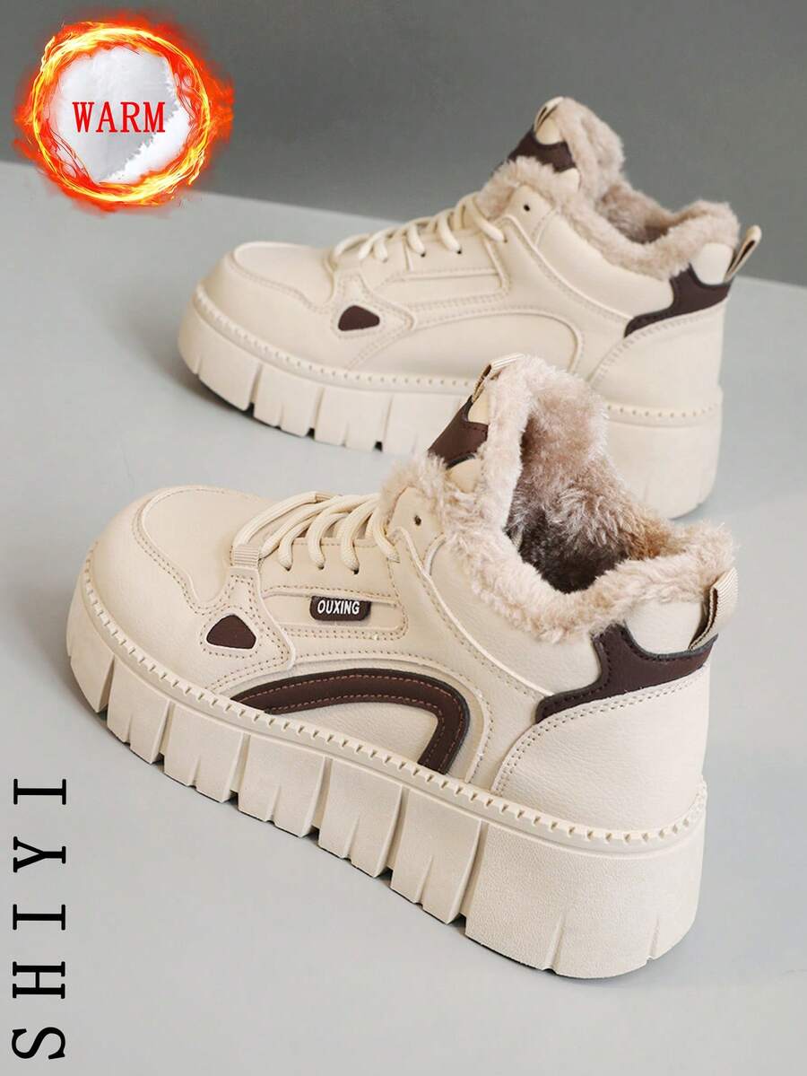 女士小白鞋 休闲鞋 运动鞋 2024冬季新款加绒保暖 户外厚底增高 时尚百搭度假风 学生户外徒步滑板鞋 平底厚底运动鞋 雪地靴 女鞋
