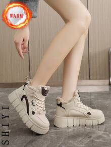 女士小白鞋 休闲鞋 运动鞋 2024冬季新款加绒保暖 户外厚底增高 时尚百搭度假风 学生户外徒步滑板鞋 平底厚底运动鞋 雪地靴 女鞋 - 卡其色 - 查看 6