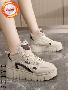 女士小白鞋 休闲鞋 运动鞋 2024冬季新款加绒保暖 户外厚底增高 时尚百搭度假风 学生户外徒步滑板鞋 平底厚底运动鞋 雪地靴 女鞋 - 卡其色 - 查看 7