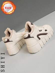 女士小白鞋 休闲鞋 运动鞋 2024冬季新款加绒保暖 户外厚底增高 时尚百搭度假风 学生户外徒步滑板鞋 平底厚底运动鞋 雪地靴 女鞋 - 卡其色 - 查看 5