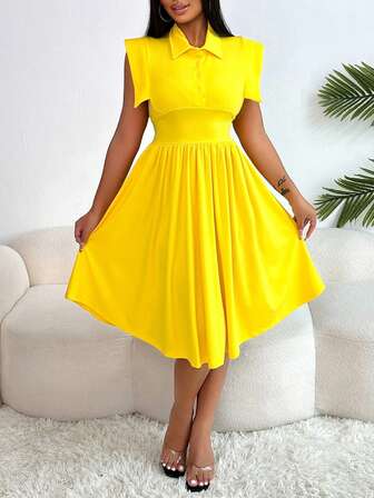 Waist-Gathered Casual Loose Fresh Elegant Cap Sleeve Dress