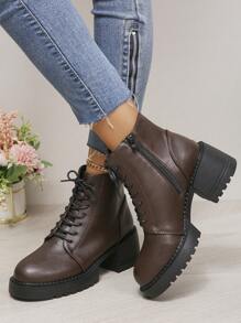 Women's New Platform Thick Sole Comfortable Side Zipper Ankle Boots, Round Toe Motorcycle Boots, Outdoor Round Toe Side Zip Lace-Up Naked Boots, Coffee Color