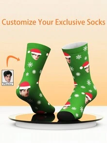 1 Pair Customized Face Print Funny Mid-Calf Socks For Women And Men, Personalized Socks With Handsome Guy And Beautiful Girl Photos, Interesting Customized Graphic Couple Mid-Length Socks, Suitable As Valentine's Day, Birthday Gift Or Other Occasions