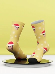 1 Pair Customized Face Print Funny Mid-Calf Socks For Women And Men, Personalized Socks With Handsome Guy And Beautiful Girl Photos, Interesting Customized Graphic Couple Mid-Length Socks, Suitable As Valentine's Day, Birthday Gift Or Other Occasions