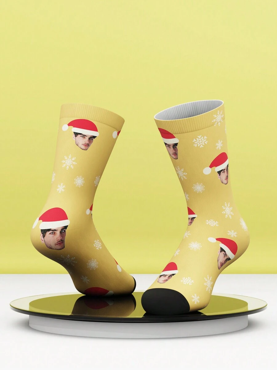 1 Pair Customized Face Print Funny Mid-Calf Socks For Women And Men, Personalized Socks With Handsome Guy And Beautiful Girl Photos, Interesting Customized Graphic Couple Mid-Length Socks, Suitable As Valentine's Day, Birthday Gift Or Other Occasions