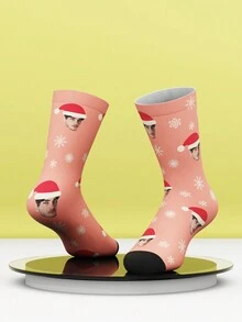 1 Pair Customized Face Print Funny Mid-Calf Socks For Women And Men, Personalized Socks With Handsome Guy And Beautiful Girl Photos, Interesting Customized Graphic Couple Mid-Length Socks, Suitable As Valentine's Day, Birthday Gift Or Other Occasions