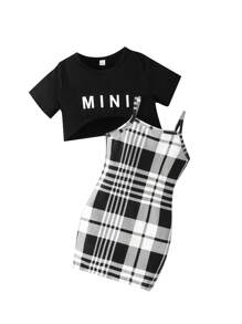 Young Girl 2pcs/Set Letter Printed Crop Top And Plaid Slip Dress - Black - View 6