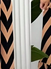 Long Zig Zag Striped Halter Dress - Chocolate Brown - View 1