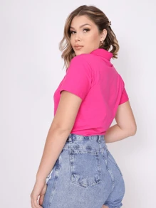 Polo Neck Blouse With Short Sleeves And Functional Buttons For Women - Pink - View 6