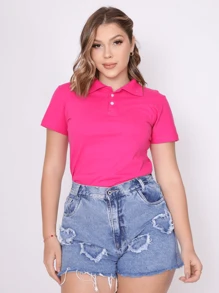 Polo Neck Blouse With Short Sleeves And Functional Buttons For Women - Pink - View 4