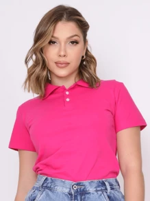 Polo Neck Blouse With Short Sleeves And Functional Buttons For Women - Pink - View 1