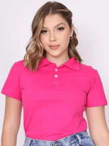 Polo Neck Blouse With Short Sleeves And Functional Buttons For Women - Pink - View 5