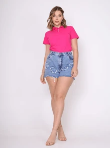 Polo Neck Blouse With Short Sleeves And Functional Buttons For Women - Pink - View 2