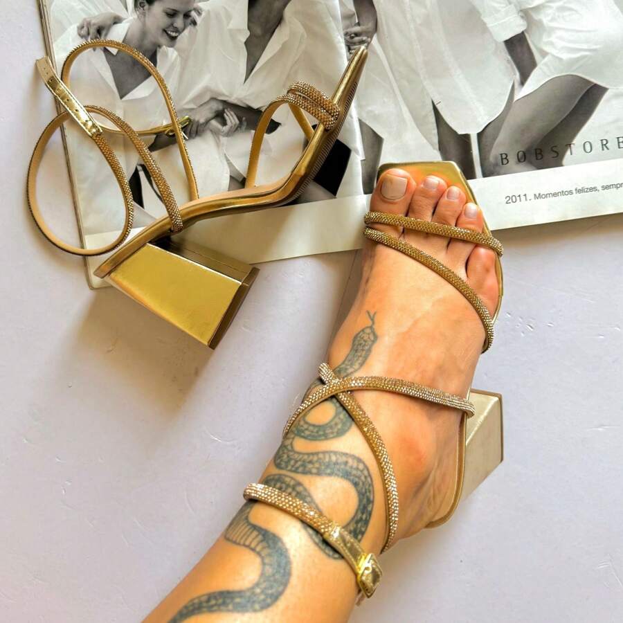 Women's Gold Sandal With Rhinestones - 9CM - Dorado - Ver 1
