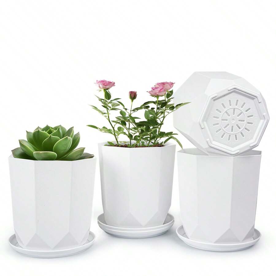 Four Medium-Sized Octagonal Flower Pots, High-Quality And Lightweight Flower Pots, With Subtle Patterns On The Outer Wall Of The Pots To Showcase Their Quality. Made Of High-Quality PP Material, It Greatly Reduces Weight While Ensuring The Original Strength, Making It Easier To Move After Planting Plants. PP Material Plastic Flower Pots Are Safer And Healthier, Caring For The Healthy Growth Of Plants. Choose From Four Different Colored Flower Pots According To Your Needs - trắng - Xem 1