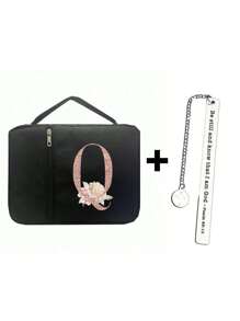 时尚简约复活节耶稣印花圣经袋和 1 个不锈钢书签，带和链条、首字母印刷、圣经封面、圣经架、便携整理袋，带拉链和口袋，适用于标准尺寸圣经袋，用于圣经学习，圣经封面，花卉圣经盒，带手柄的圣经袋，非常适合成人女性男性圣经学习（黑色）（拉链位置随机）