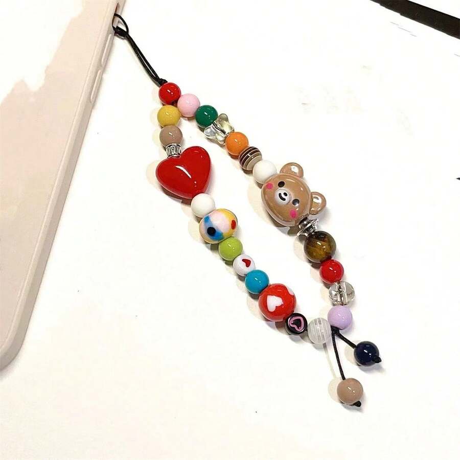 彩虹串珠手机挂绳 Inspo 卡通爱心熊相机带可爱防丢链 - 彩色 - 查看 1