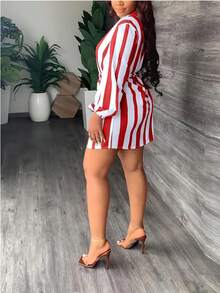 Striped Print Lantern Sleeve Simple Short Dress, Casual For Everyday Wear - Red and White - View 5