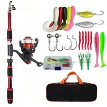1.8米伸缩鱼竿组合套装：包含旋转卷轴、诱饵、鱼钩和旅行鱼竿盒，适合淡水和咸水钓鱼初学者