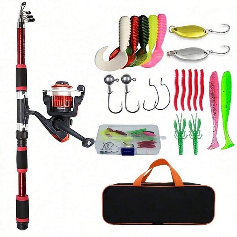 1.8米伸缩鱼竿组合套装：包含旋转卷轴、诱饵、鱼钩和旅行鱼竿盒，适合淡水和咸水钓鱼初学者