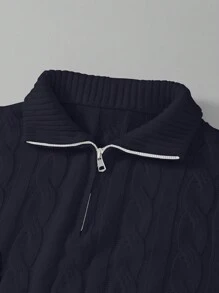 复古简约学院风休闲英伦老钱风格靛蓝色圆领半拉链抽绳针织花卉长袖罗纹毛衣，适合新年、情人节、派对、春季、秋季、冬季叠穿，男士 - 藏蓝色 - 查看 4