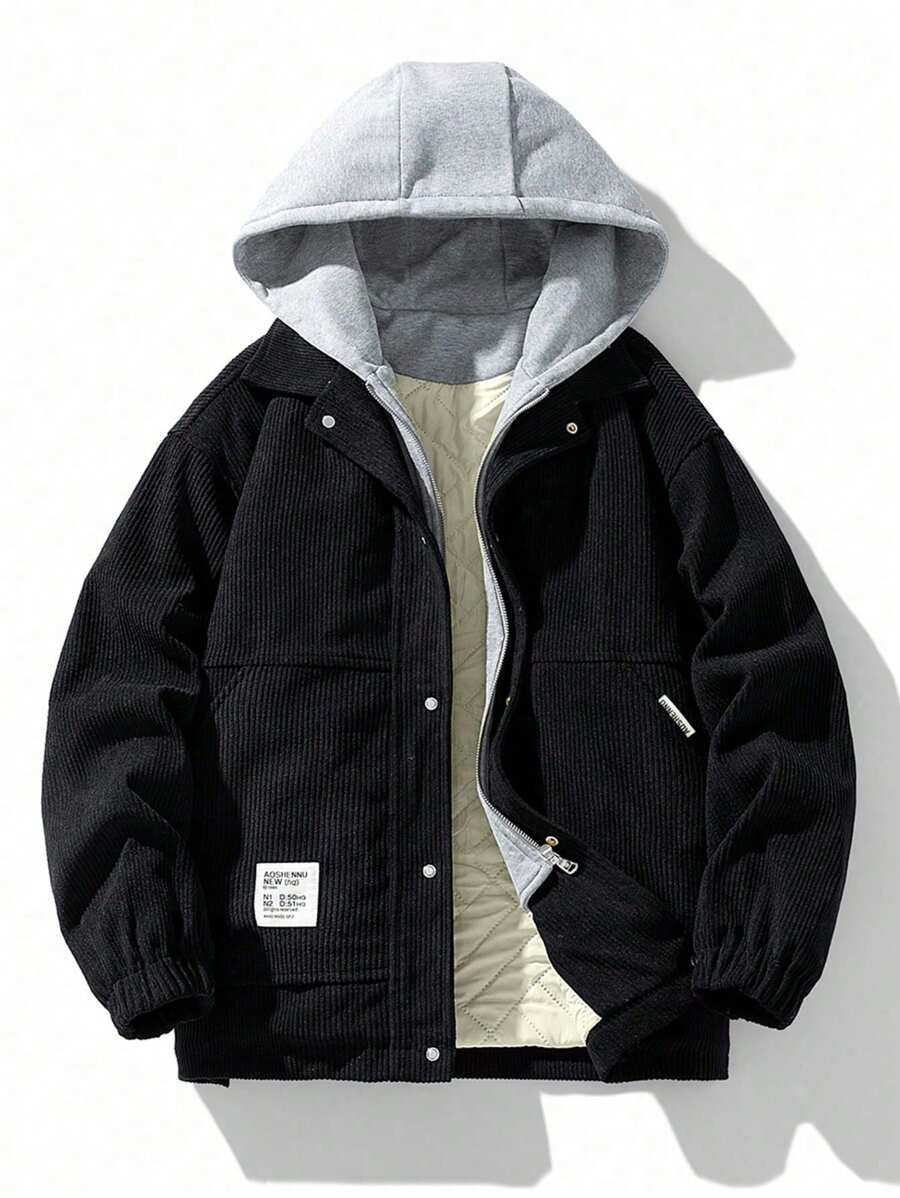 男士休闲连帽撞色灯芯绒羽绒服,秋冬季款,1件装 - 黑色 - 查看 1