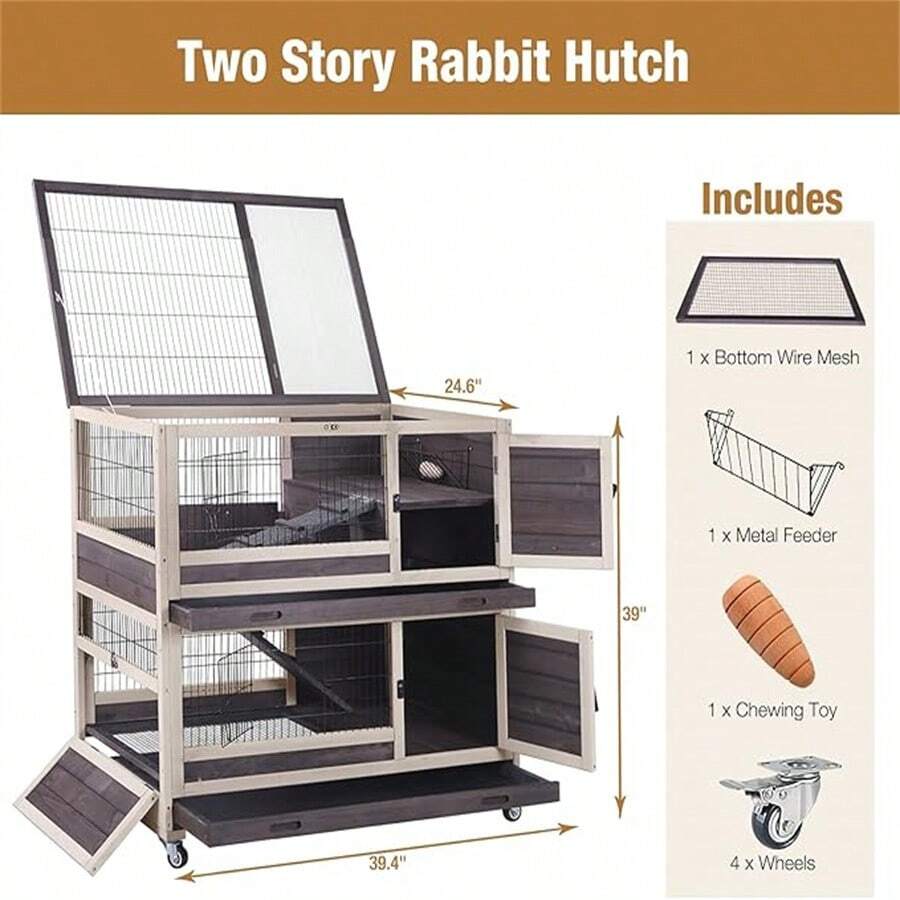 Rabbit Hutch Large Bunny House Two Story With Trap Door, Indoor Outdoor Small Animal Cage With