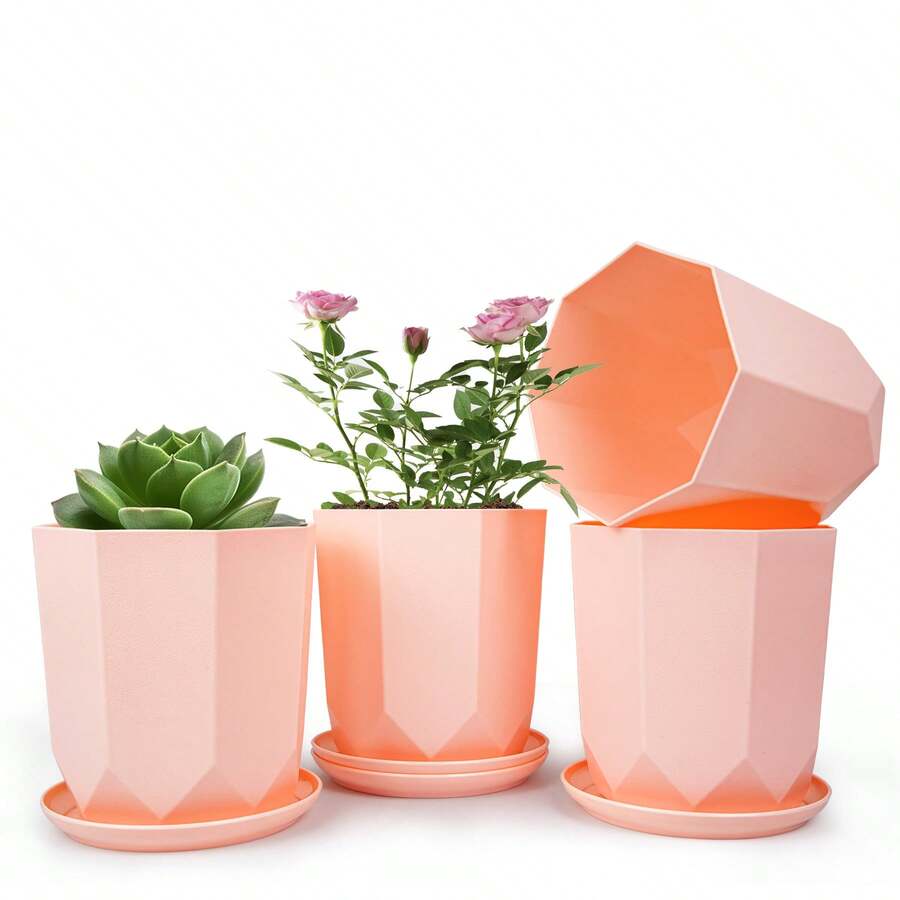 Four Medium-Sized Octagonal Flower Pots, High-Quality And Lightweight Flower Pots, With Subtle Patterns On The Outer Wall Of The Pots To Showcase Their Quality. Made Of High-Quality PP Material, It Greatly Reduces Weight While Ensuring The Original Strength, Making It Easier To Move After Planting Plants. PP Material Plastic Flower Pots Are Safer And Healthier, Caring For The Healthy Growth Of Plants. Choose From Four Different Colored Flower Pots According To Your Needs - 西瓜粉 - 查看 1