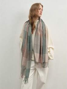 1 件时尚休闲时尚格子围巾，适合秋冬季 - 綠色 - 查看 4