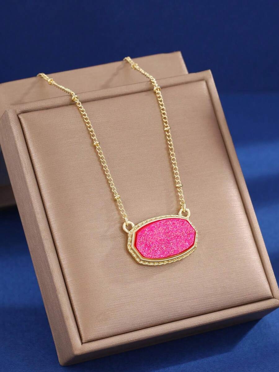 1 件经典欧美时尚创意个性化金色椭圆形吊坠项链，铜色，日常和约会佩戴，送给最好的朋友的生日礼物 - 金粉 - 查看 1