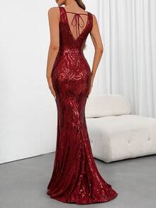 Women's Elegant V-Neck Mermaid Sleeveless Beaded Formal Evening Party Gown Dress For Wedding, Banquet - Burgundy - View 3