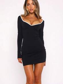 Rochie elegantă și simplă pentru femei, alb-negru, cu mânecă lungă, cu mânecă lungă, mini rochie neagră, sexy, cu mânecă lungă - Negru - Vizualizare 5