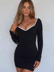 Rochie elegantă și simplă pentru femei, alb-negru, cu mânecă lungă, cu mânecă lungă, mini rochie neagră, sexy, cu mânecă lungă - Negru - Vizualizare 1