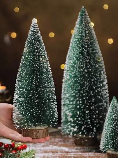 Christmas Tree Set With Wooden Bases - Artificial Cedar Trees For Holiday Decor, Perfect For Home & Party Tabletop Crafts Best Gifts Birthday