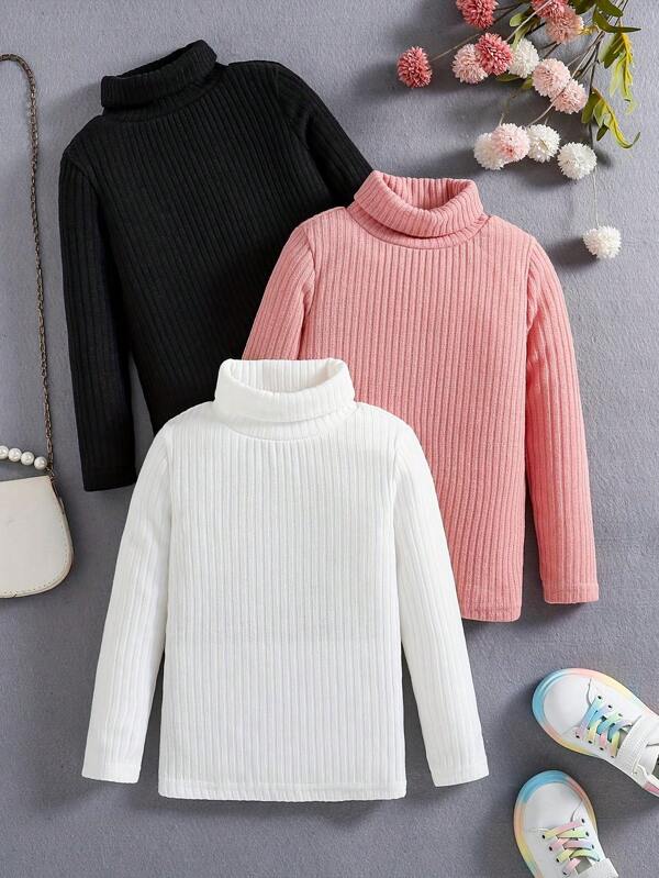 3 peças de blusas térmicas simples de gola alta para meninas, camisetas casuais macias listradas brancas e rosa e pretas para uso diário, agasalhos quentes à prova de vento e peças de camadas para atividades ao ar livre, roupas para meninas