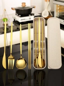 5 件便携式餐具套装，高品质不锈钢，含刀、勺、叉、筷子、储物盒 - 非常适合旅行、办公室、学校、野餐、定制家庭套装、派对和婚礼、学校用品