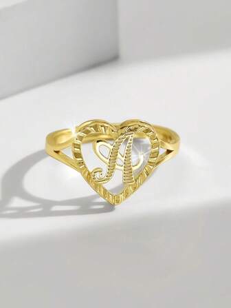 1pc Fashionable Minimalist Letter Texture Heart Decor Open Ring, Suitable For Women Daily Wear, Valentine's Day Gift Valentines,Mom,Mother,Mother's Day,Gift