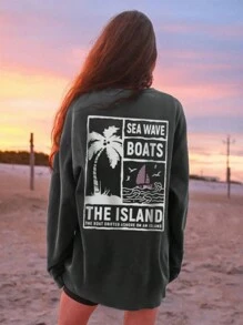 Áo thun cổ tròn rộng rãi in hình cây cọ và khẩu hiệu mùa thu/đông 2025 dành cho nữ, từ trang phục thường ngày đến trang phục sang trọng cho đêm: Khám phá những chiếc áo thun dài tay dành cho nữ dễ dàng thích ứng với nhiều dịp khác nhau và tạo nên vẻ ngoài hoàn hảo - Màu xám đen - Xem 7