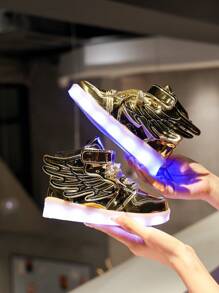 GUANGLAN USB 可充电 LED 发光鞋,儿童发光运动鞋,幼儿,男孩,女孩,闪光夜灯鞋,春季、秋季、冬季休闲运动鞋,皮革高帮平底运动鞋,切尔西风格 - 金色 - 查看 9
