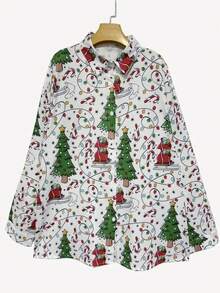 植物印花度假风格休闲衬衫，系扣长袖衬衫，女款