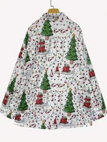 植物印花度假风格休闲衬衫，系扣长袖衬衫，女款