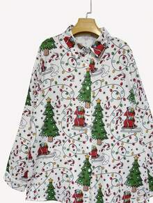 植物印花度假风格休闲衬衫，系扣长袖衬衫，女款