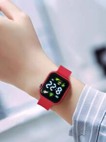 1pc Kids & Youth Student Coconut Tree,Riding Figure LED Display TPU Casual Sport Square Shaped Electronic Watch, Suitable For Daily Life