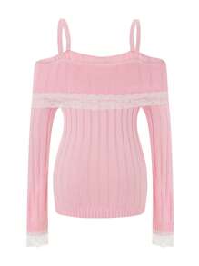 Women Y2k Off Shoulder Tops Slim Fit Long Sleeve Shirt Vintage Ribbed Lace Trim Knit Crop Tee Solid Bow Front Sweater Streetwear - Hồng - Xem 8